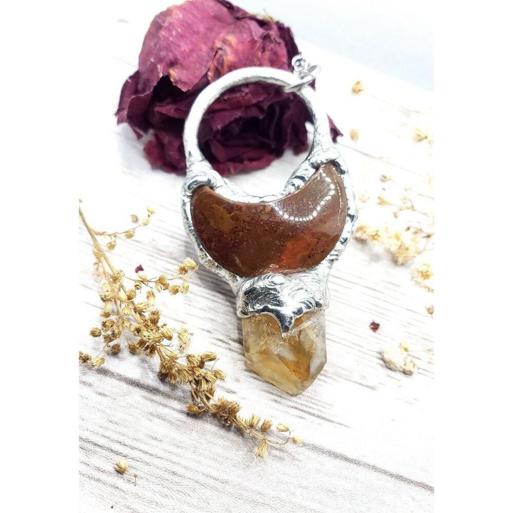 Jasper moon agate and raw citrine crystal Necklace